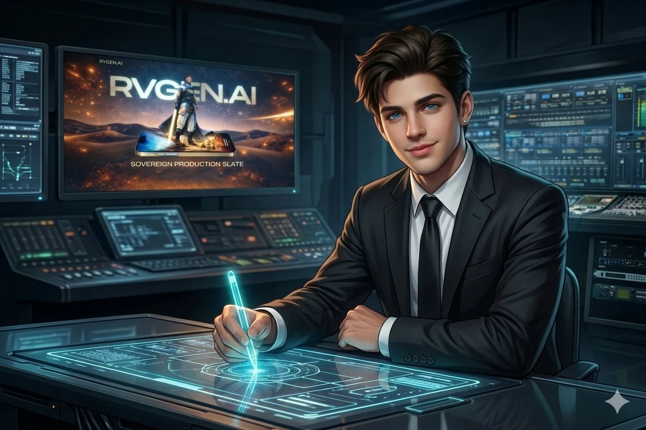 Raayan, the digital guide for Creator Labs, inside a cinematic AI production studio